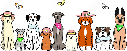 spring cartoon dogs sitting in a row