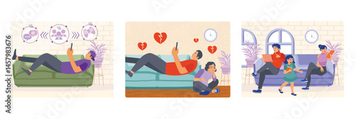 A Man Lying on Sofa and Surfing Internet.Young Couple with Quarrel. Families ignore each other.
