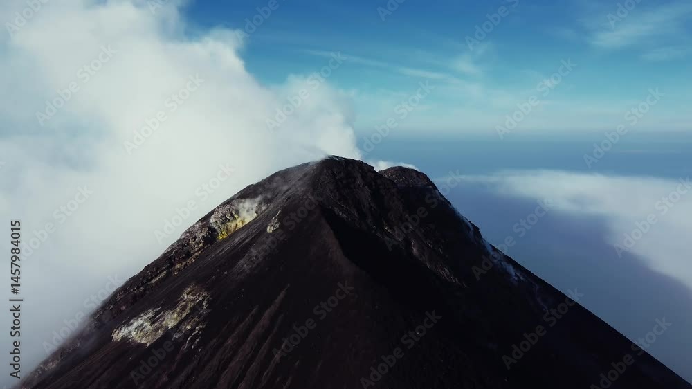 Aerial close up of active volcano erupting in Guatemala volcan de fuego