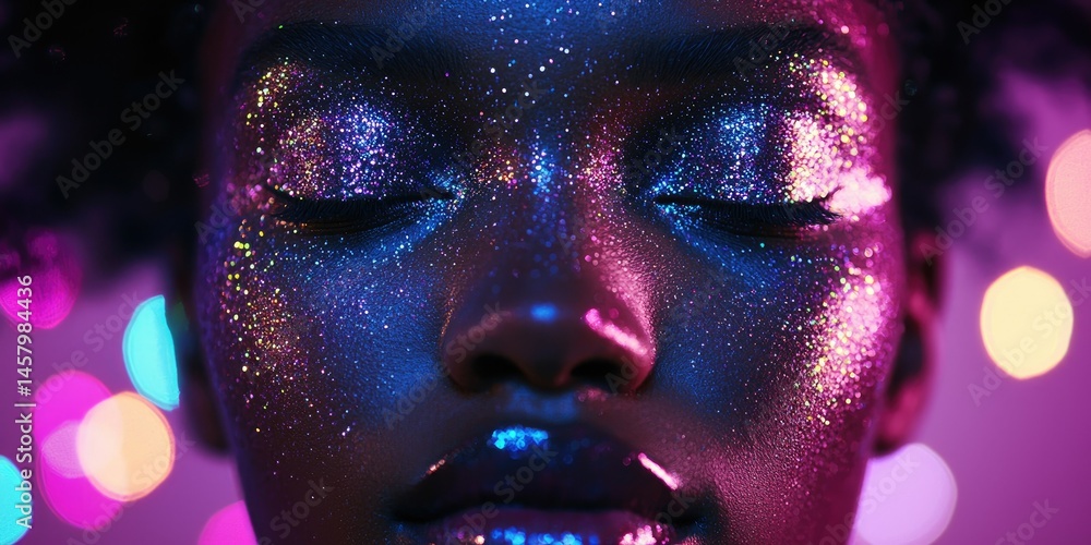 Close-up of a model's face with glitter makeup, sparkling under bright lights. Close-up of a model's face with glitter makeup, sparkling under bright lights.