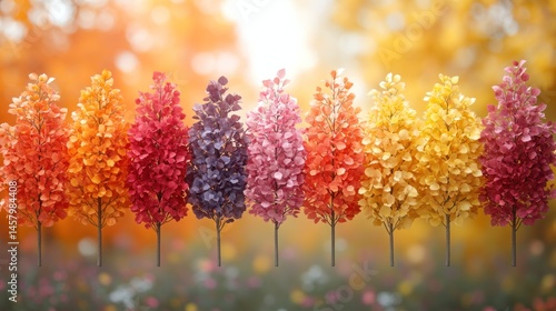 Autumnal Arbor, A Kaleidoscope of Colorful Trees in a Sunny Field