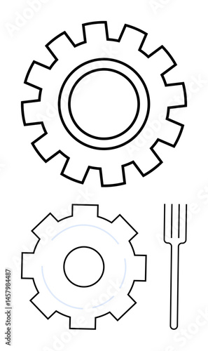 Two gear-thumbs up shapes, one appearing as a dinner plate, the other as a mechanical gear, positioned alongside a fork. Ideal for technology, engineering, innovation, industrial eating, creativity