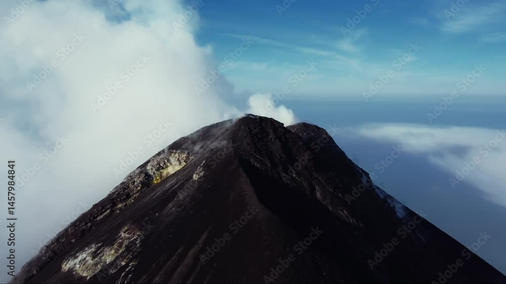 Aerial close up of active volcano erupting in Guatemala volcan de fuego