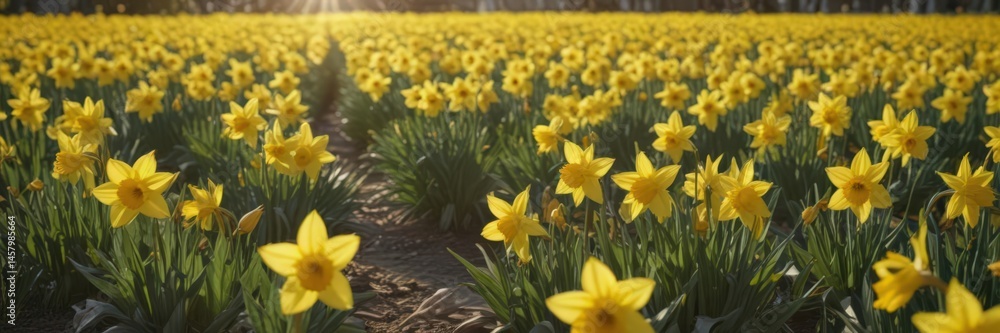 Obraz premium Sunlit field of vibrant yellow daffodils in full bloom, petals glistening , meadow, golden