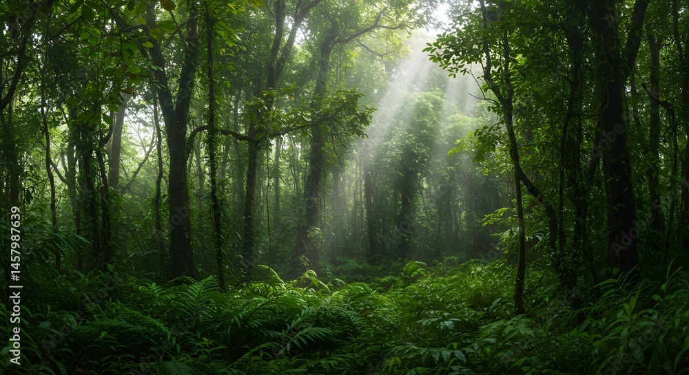 Obraz premium Lush rainforest canopy with sunlight filtering through (horizontal). 