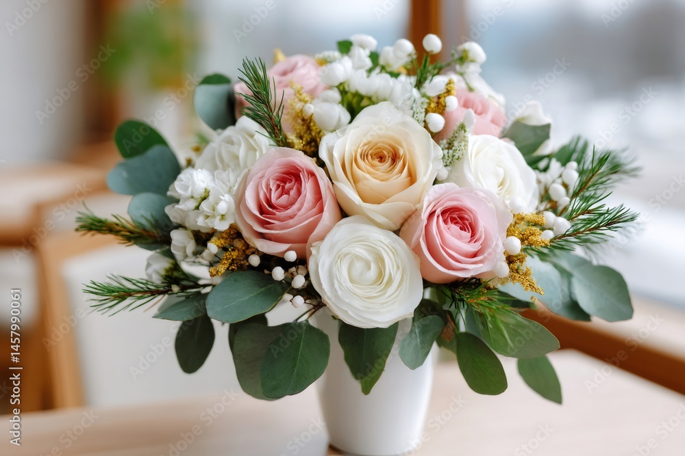 Obraz premium Delicate bouquet of roses standing in white vase on table