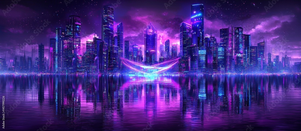 Reflection of neon hues shimmering in the water beneath the metropolis. Reflection of neon hues shimmering in the water beneath the metropolis.