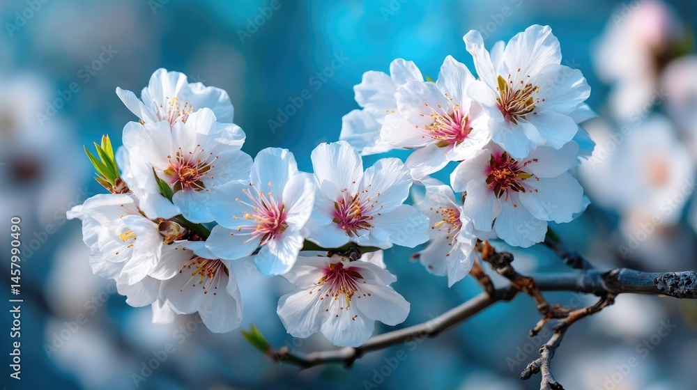 Obraz premium Blossoming apricot tree branches against blue peaceful background concept. Beautiful white cherry blossoms on a branch against a blue backdrop.