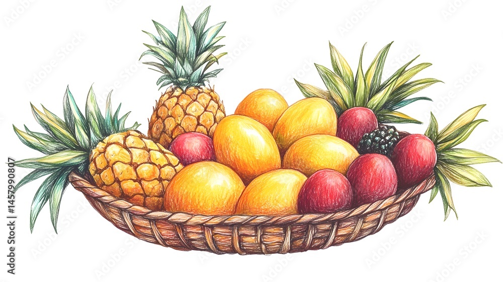Hand-drawn colorful fruit arrangement in a wicker basket. Hand-drawn colorful fruit arrangement in a wicker basket.