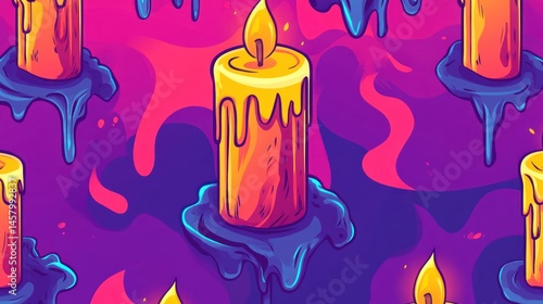 Vibrant Cartoon Candle Pattern with Dripping Wax and Colorful Background