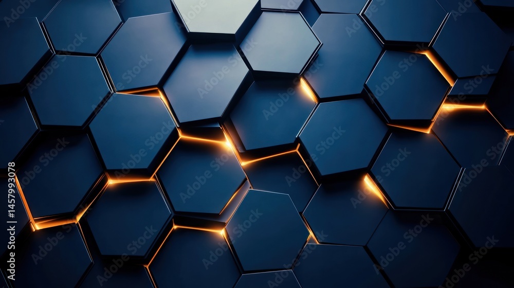 Abstract dark blue hexagons with glowing orange light emanating from within Abstract dark blue hexagons with glowing orange light emanating from within