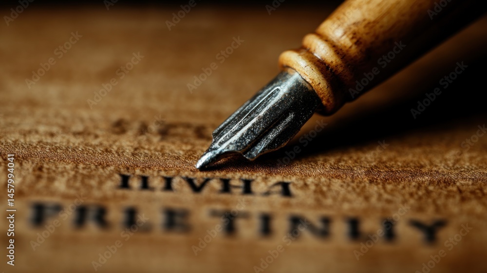 Vintage fountain pen on aged paper with illegible text creates a sense of nostalgia