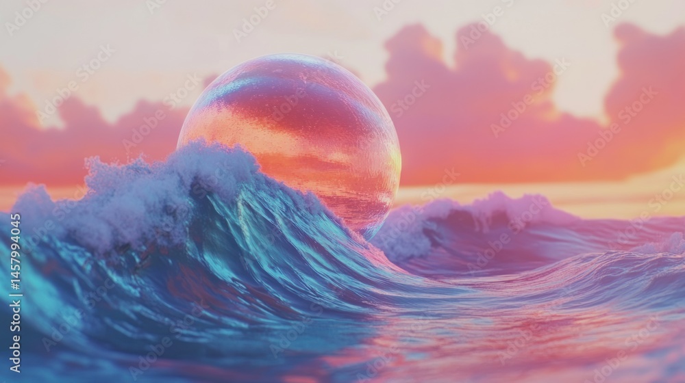 Surreal Oceanscape, A Luminous Sphere Riding the Waves at Sunset