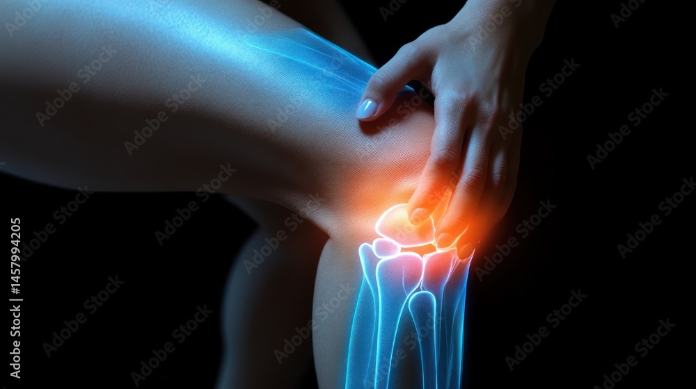 Illustration of knee pain concept with human anatomy and x-ray effect, injury and arthritis showing in abstract way for education