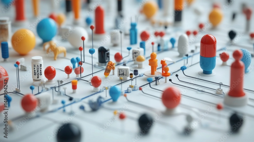 Macro Shot of Miniature World, Interconnected Network of Symbolic Objects