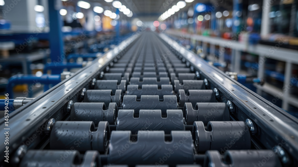 Obraz premium Conveyor belts in machinery transport system inside factory with metal rollers and industrial equipment in large manufacturing facility