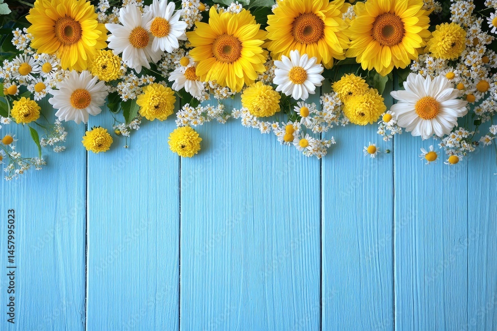 Obraz premium Yellow Sunflowers and White Daisies Border on Light Blue Wooden Background