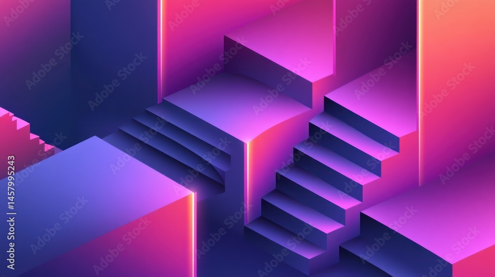 Abstract Isometric Staircase with Vibrant Gradients and Neon Lights