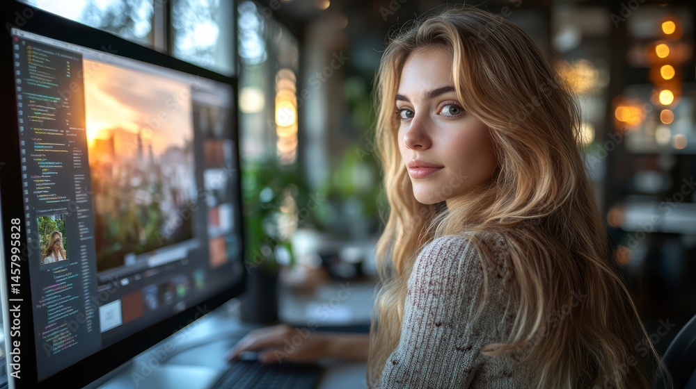 A professional working on photo editing software focused and creative in a modern workspace A professional working on photo editing software focused and creative in a modern workspace