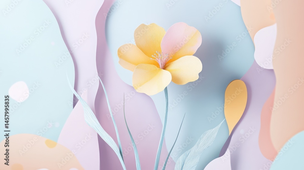 Delicate Paper Art, A Yellow Flower Amidst Pastel Abstract Shapes