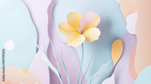 Obraz na płótnie Delicate Paper Art, A Yellow Flower Amidst Pastel Abstract Shapes w salonie
