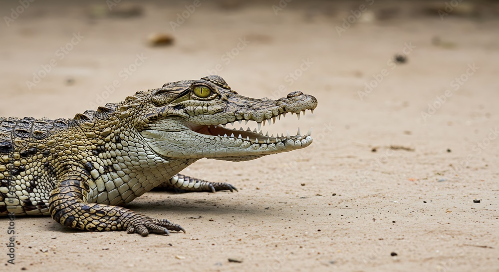 Obraz premium rustic still life, closeup shot of a crocodile on the left side of the frame, with empty space on the right for text or design elements. ,isolated on bright background, no text, ultra sharp detailed