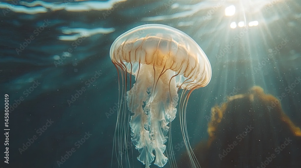 Fototapeta premium Submerged jellyfish, glowing in underwater light.