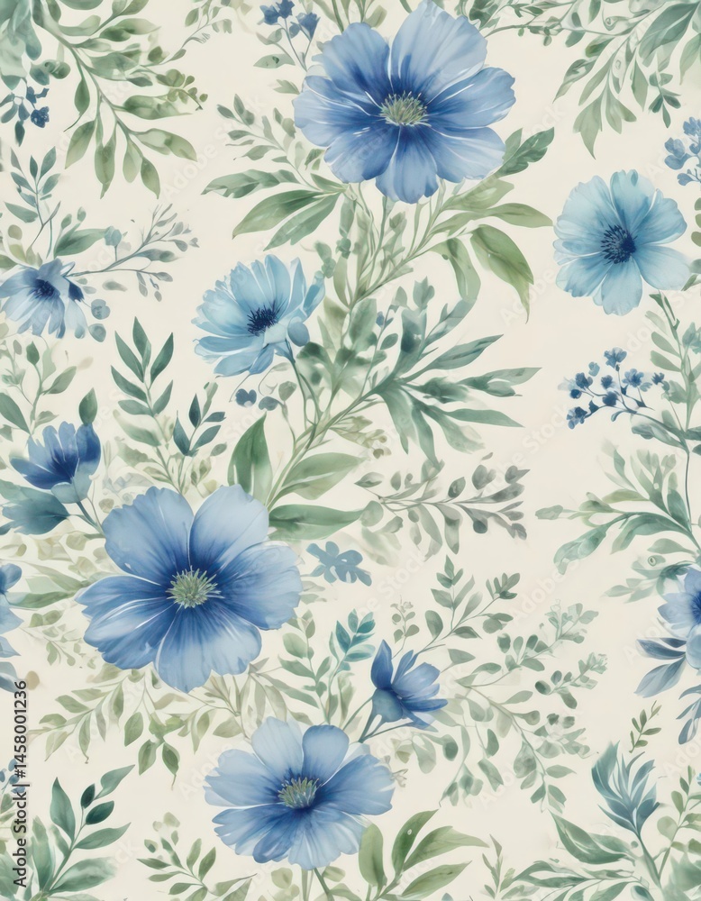 Fototapeta premium Delicate blue & green watercolor floral pattern on creamy white, petals, elegant, design
