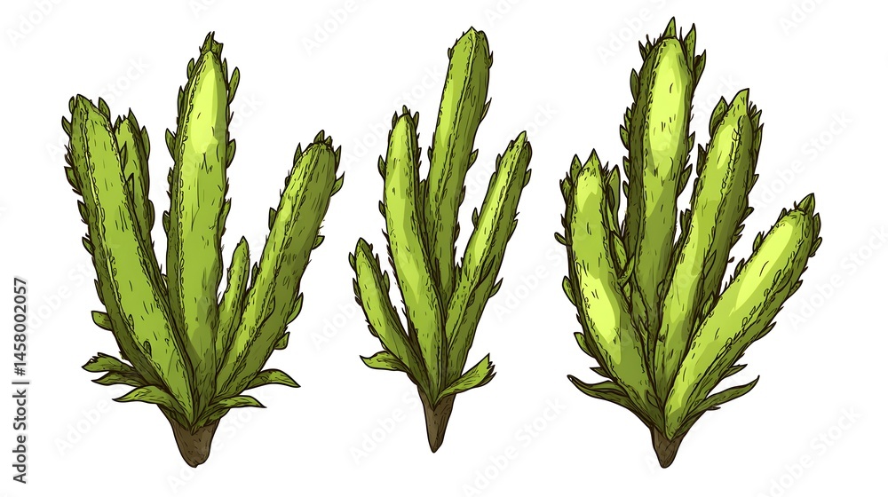Three illustrations of spiky desert plants in various shapes. Three illustrations of spiky desert plants in various shapes.