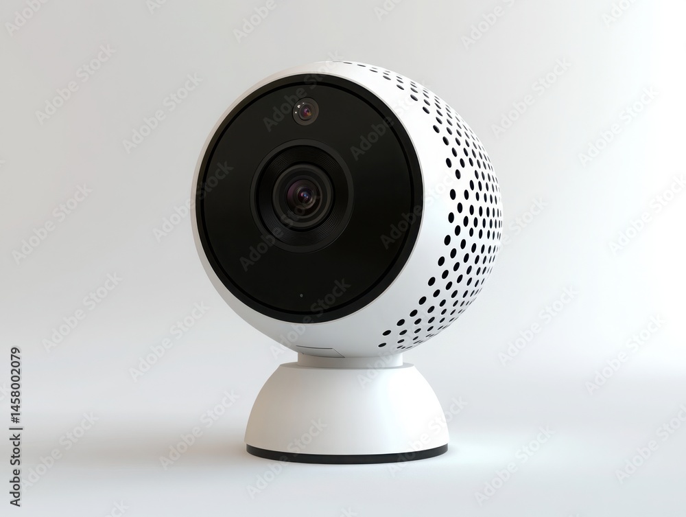 Close up view of a modern white security camera on a white surface Close up view of a modern white security camera on a white surface