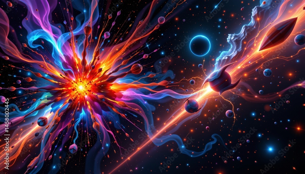 Fototapeta premium Colorful fractal galaxy explosion on cosmic canvas digital art creation vibrant space surreal perspective abstract universe