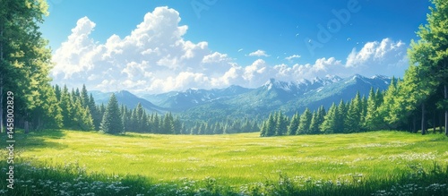 Idyllic Meadow Landscape with Mountains and Forest Under a Clear Blue Sky