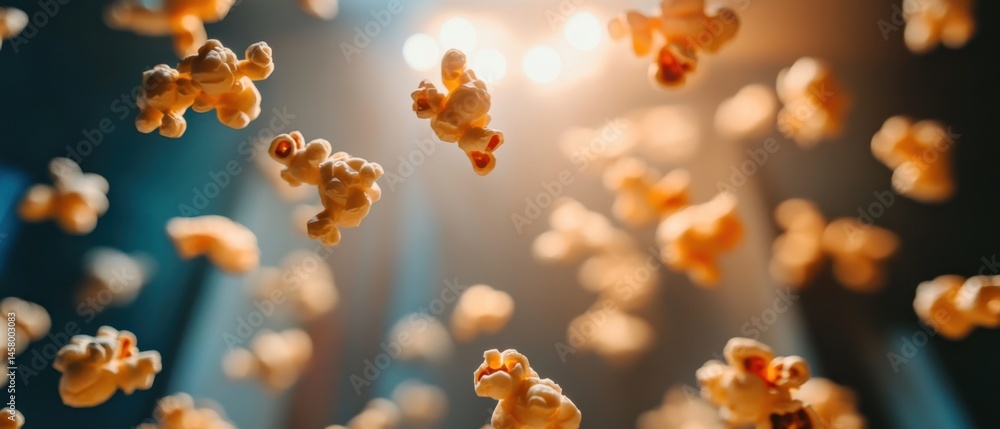 Falling Popcorn Cinematic Shot of Snack Food for Movie Night or Party Celebration with Bright Light and Blue Background Falling Popcorn Cinematic Shot of Snack Food for Movie Night or Party Celebration with Bright Light and Blue Background