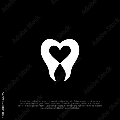 Minimalist Dental Heart Vector: Abstract white dental design featuring a heart-shaped gap, set against a stark black backdrop, symbolizing dental care with affection and health
