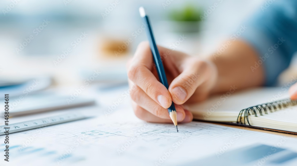 Person sketches architectural plans with pencil on desk filled with tools and notes Person sketches architectural plans with pencil on desk filled with tools and notes