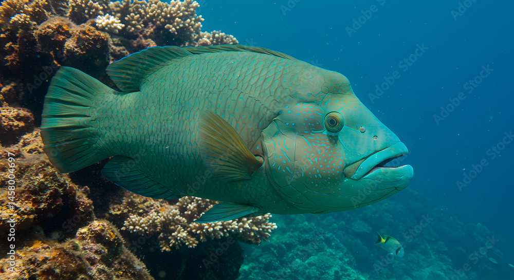 Fototapeta premium Vibrant Napoleon Wrasse Swimming Near Colorful Coral Reef in Clear Blue Ocean Waters Under Natural Light Marine Wildlife Photo