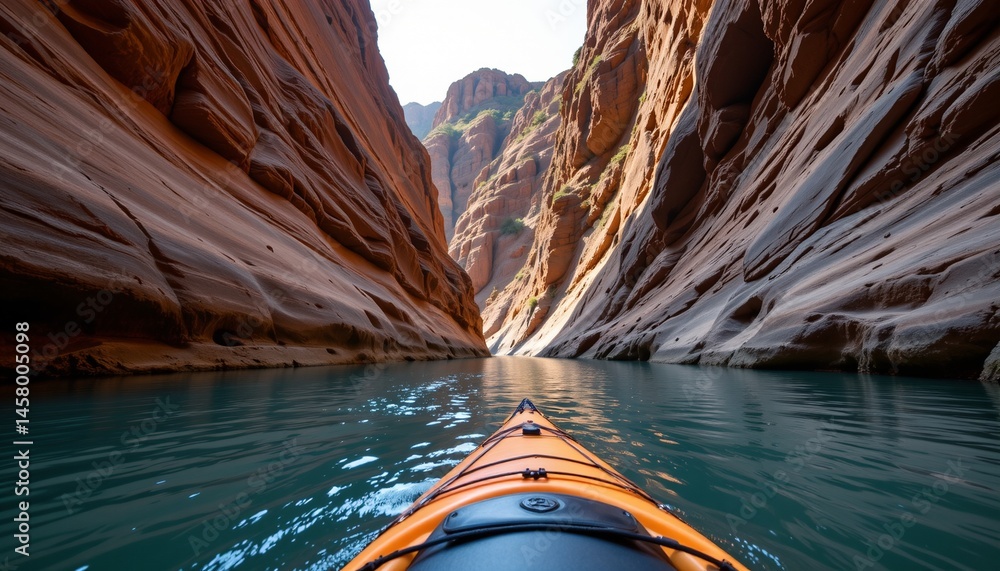 Fototapeta premium Adventurous kayaking journey through narrow canyon river stunning landscape outdoor adventure scenic viewpoint nature exploration