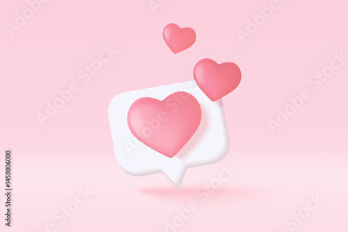 3D Social media online platform concept, online social communication on applications, Photo frame with heart and love emoji icon, like and play in red bubble 3d icons. 3d vector render concept