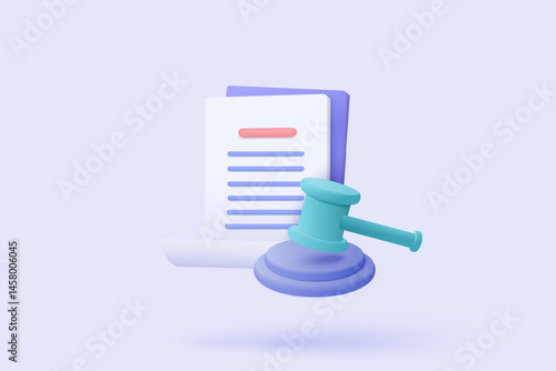 3D judge hammer minimal gavel concept of law icon on paper clipboard background. Professional lawyer, punishment, judgement, law advisor, advocate. Judge arbitrate courthouse concept 3d vector render