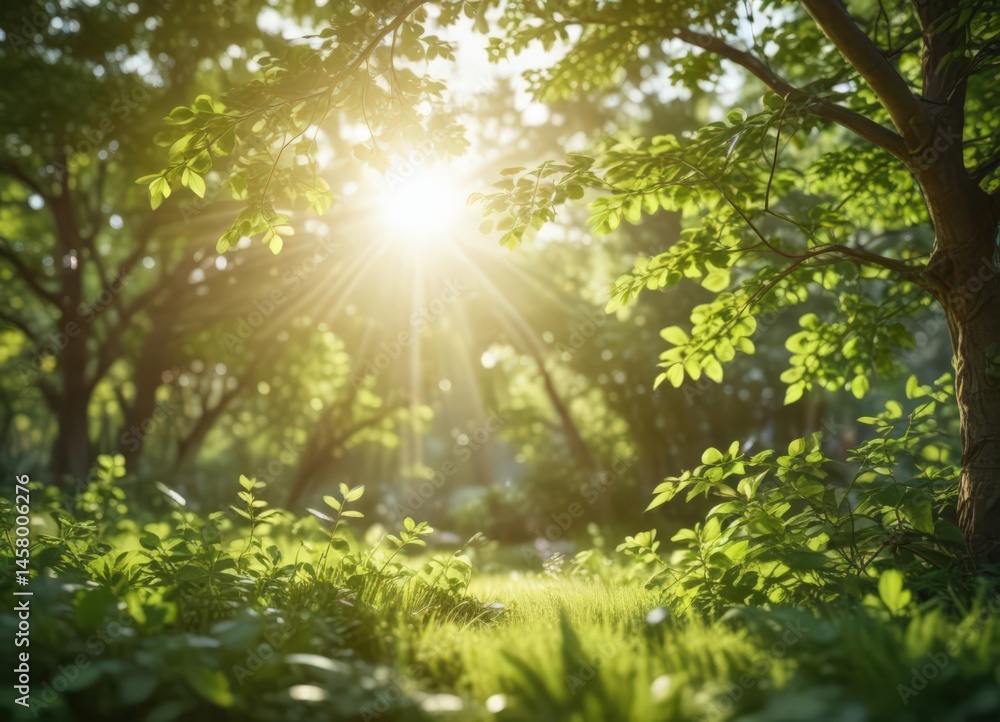 Obraz premium Soft-focus sunlit garden bokeh Blurred green leaves, sun flares , garden, dreamy, texture