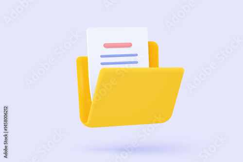 3d folder and paper for management file, document efficient work on project plan concept. Document cartoon style minimal folder with files icon. 3d vector render on isolated pink pastel background