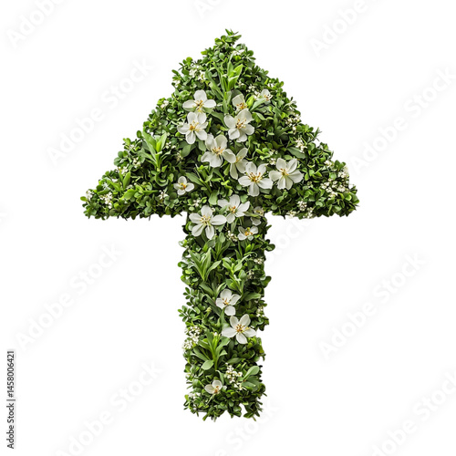 Png of An upward arrow made of lush greenery and white flowers, symbolizing growth and positivity.