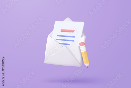 3d mail envelope icon with pencil to compose new message concept on purple background. Minimal email letter with letter paper read icon. Pencil writes a new message in the letter. 3d vector background