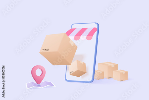 3D online deliver service, delivery tracking smartphone, pin location point marker of map for shipment concept. Product shipping packing out from mobile. Logistic icon 3d vector render illustration