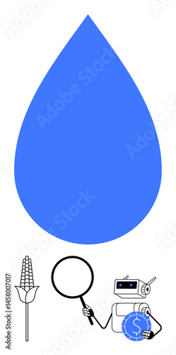 Blue water droplet symbolizing resources, corn representing agriculture, magnifying glass for analysis, and robot holding coin to denote technology and economy. Ideal for sustainability, innovation