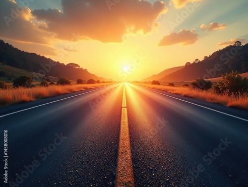 Bright highway centerline disappearing in heat haze, textured blacktop suggests adventure, yellow, highway, adventure