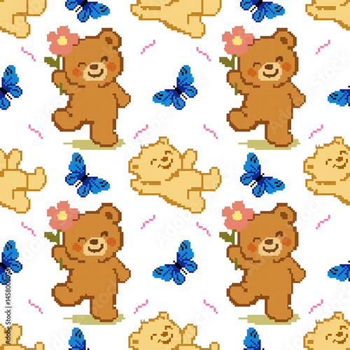 Seamless pattern with teddy bear. Vector illustration design digital file download for print, printable, wallpaper, background, banner, backdrop, diapers, shawl, baby shower and many projects.