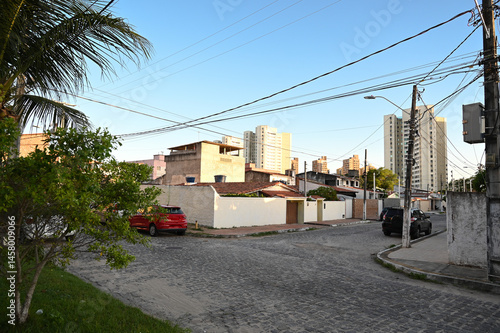 city ​​street, houses in brazil, brazilian streets, middle class neighborhood, residential houses, residential complex, corner house, brazil city, house facade,  Natal, Brazil, sidewalk street