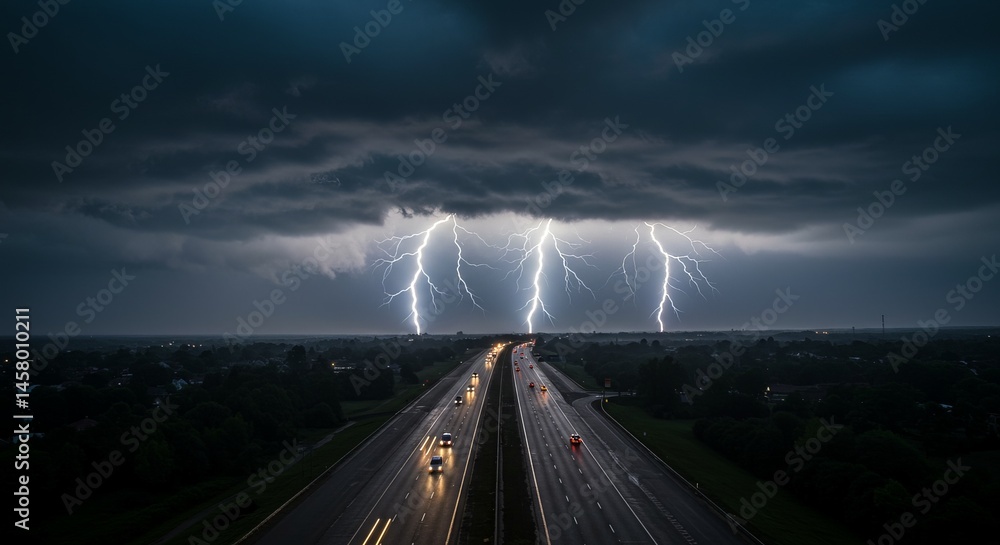 Obraz premium Electrical Storm over Highway at Night