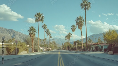 Empty street lined with palm trees under a clear sky with mountains in the background.